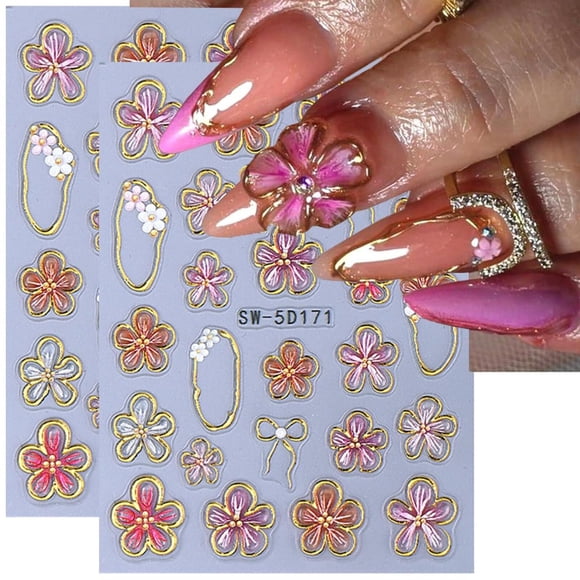 Adhesivos para uñas MIXFOSAHN 5D con flores grabadas en oro rosa, 2 unidades