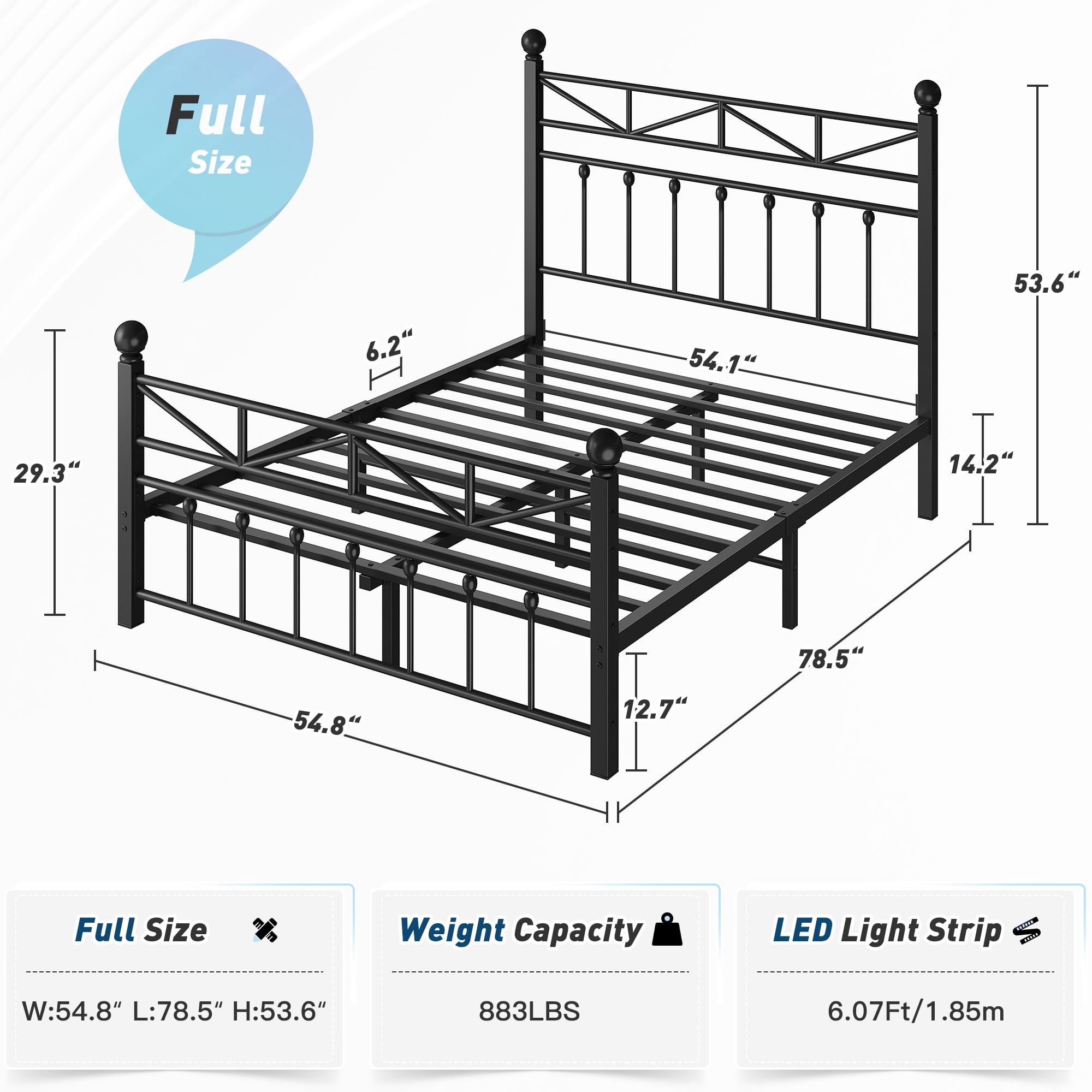 EnHomee Full Size Metal Platform Bed Frame Metal Bed Frame Full with Headboard & Footboard Bed Frame with LED Lights & Storage, Noise Free, Black