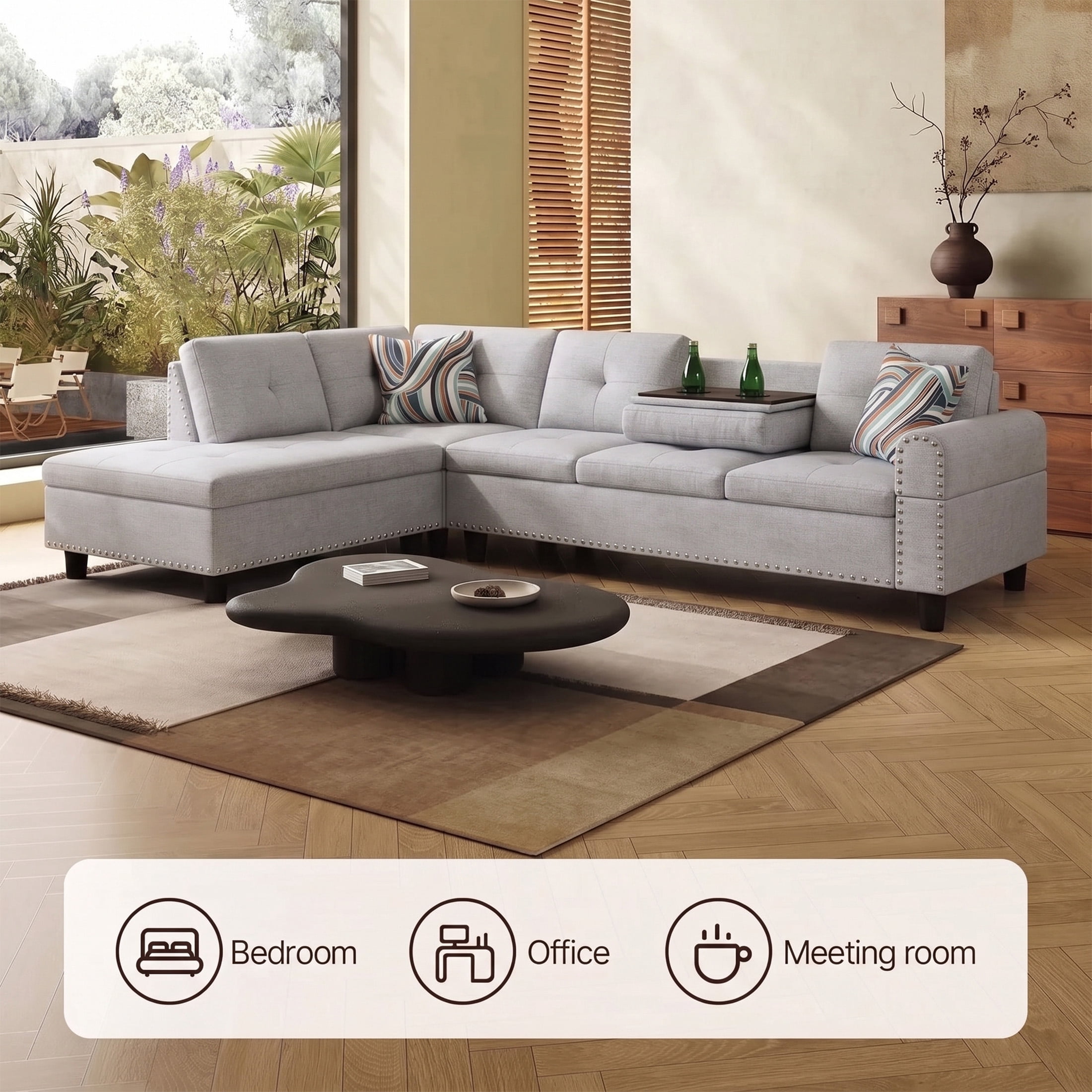 AENKYO 98" L-Shaped Sectional Sofa with Reversible Chaise and Cup Holders, Flannel, Light Gray
