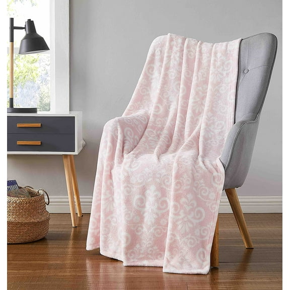 Serafina Home Decorative Throw Blanket: Floral Damask Style on Soft Velvet Fleece Accent for Living Room Couch Bed Chair Dorm, Pink White (Blush)