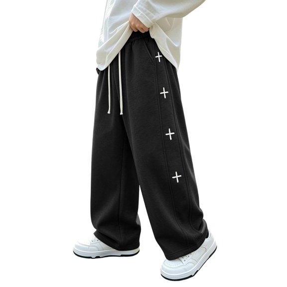 JFTTX Boys Baggy Sweatpants Straight Fit Wide Leg Sweatpants for Boys Y2K Elastic Waist Drawstring Casual Sweat Pants with Pockets Size 5-17Y