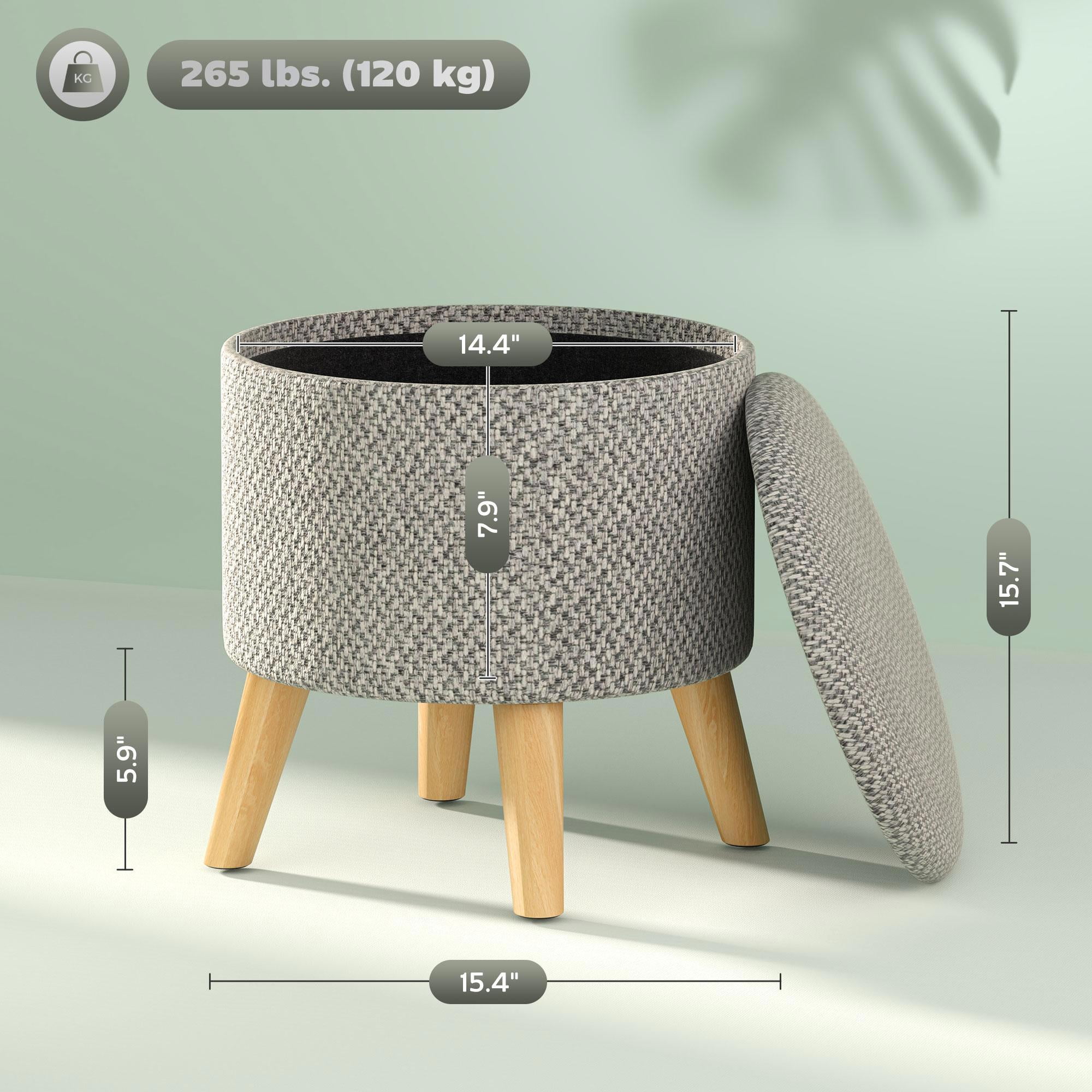 Demi Bonn 15" Round Ottoman Stool with Storage, Linen Upholstered Foot Stool with Padded Seat, Hidden Space and Wood Legs for Living Room, Bedroom, Light Gray