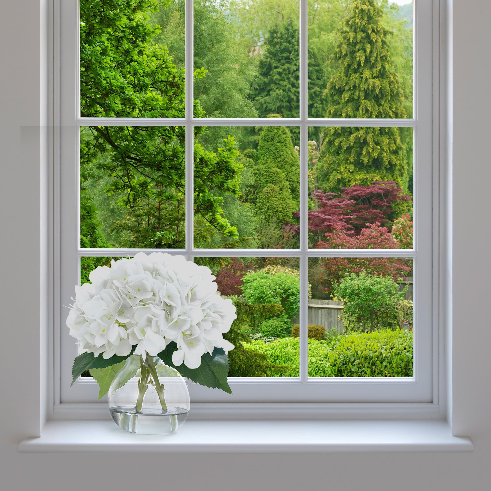 2-Pack Artificial Hydrangeas in Glass Vase with Faux Water - White Faux Flower Arrangement for Table Centerpiece, Home Office, Shelf & Bathroom Decor