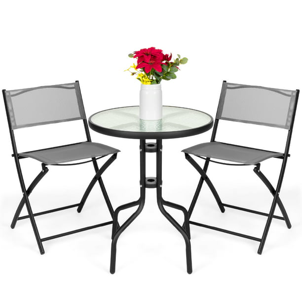 Best Choice S 3 Piece Patio Bistro Dining Furniture Set With Round Textured Glass Table Top Folding Chairs Gray Com - Best Round Patio Table And Chairs