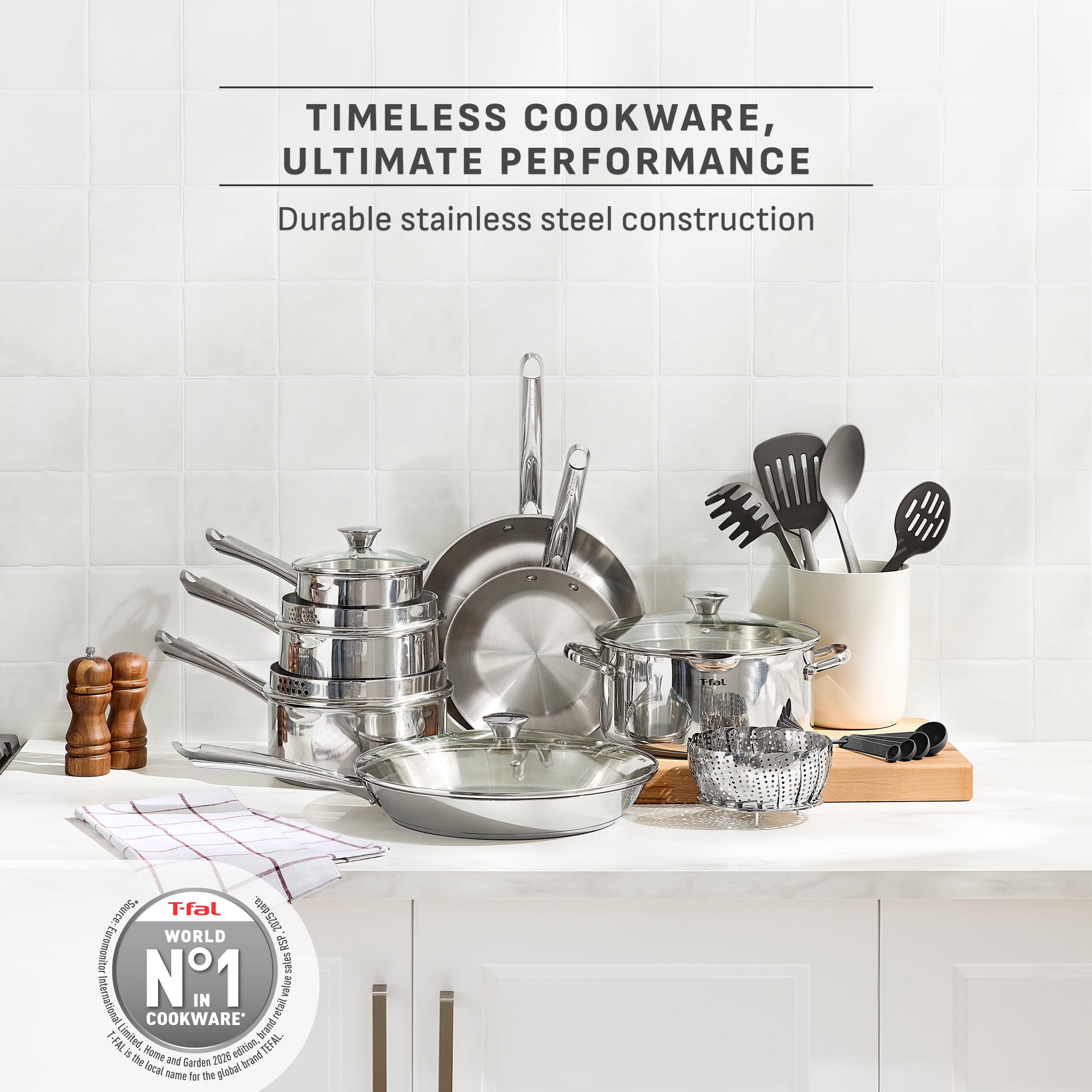 T-fal Stainless Steel Cook & Strain 18-Piece Cookware Set - Induction Compatible