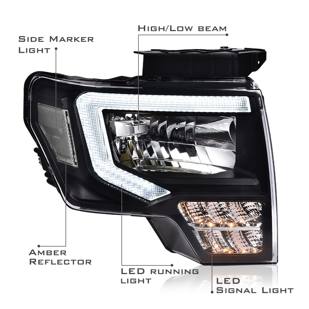 PIT66 LED Headlight, Fit For 2009-2014 Ford F150 F-150 Truck LED DRL Projector Headlamps Black/Clear
