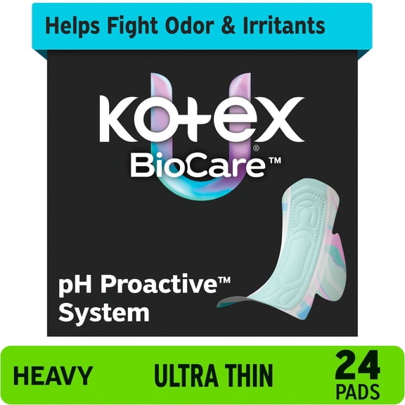 Kotex BioCare Ultra Thin Pads with Wings, Heavy Absorbency, 24 Count