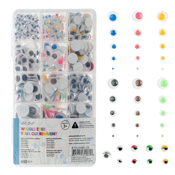 600pcs John Bead Wiggle Eyes Assort 20mm/15mm/12mm/10mm/5mm Black and White and Multicolors Googly Eyes for DIY Project, Craft Decorations