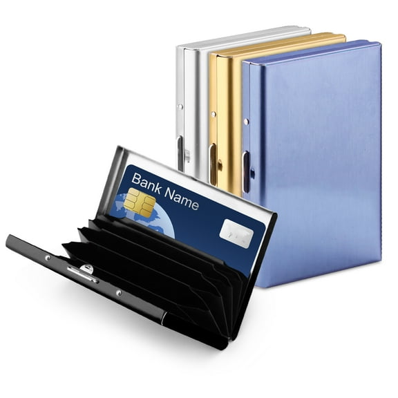 LELE LIFE 4 Pack Stainless Steel Credit Card Holder, RFID Blocking Slim Small Metal Credit Card Wallet, Hard Case Protector 6 Accordion Slots Business Card Holder for Men Women