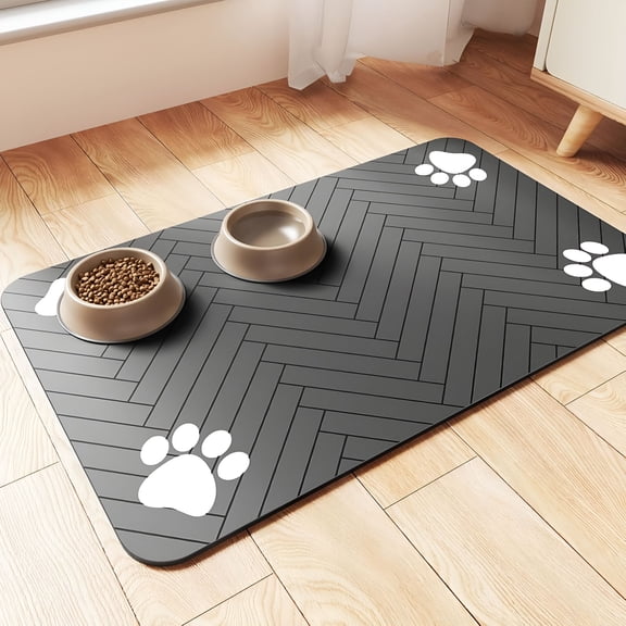RLESO Pet Feeding Mat-Absorbent Pet Placemat for Food And Water Bowl, with Waterproof Rubber Backing, Quick Dry Water Dispenser Mat for Dog And Cat (24"X16", Striped Dark Gray)