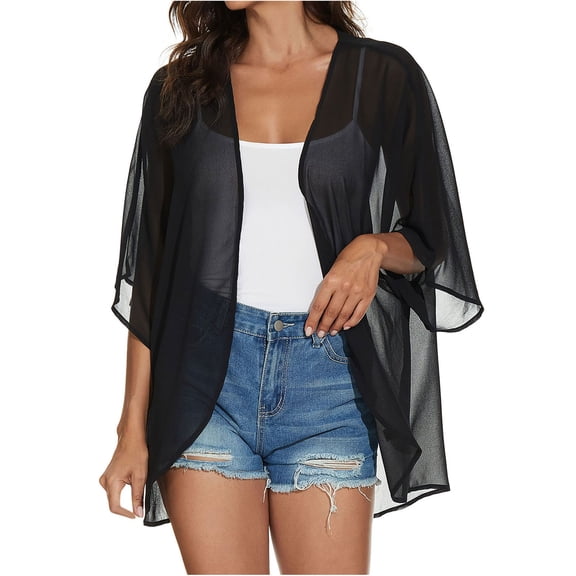 JikouIivo Women's Solid Puff Sleeve Kimono Cardigan Loose Chiffon Cover Up Casual Blouse Tops Women's Outerwear on