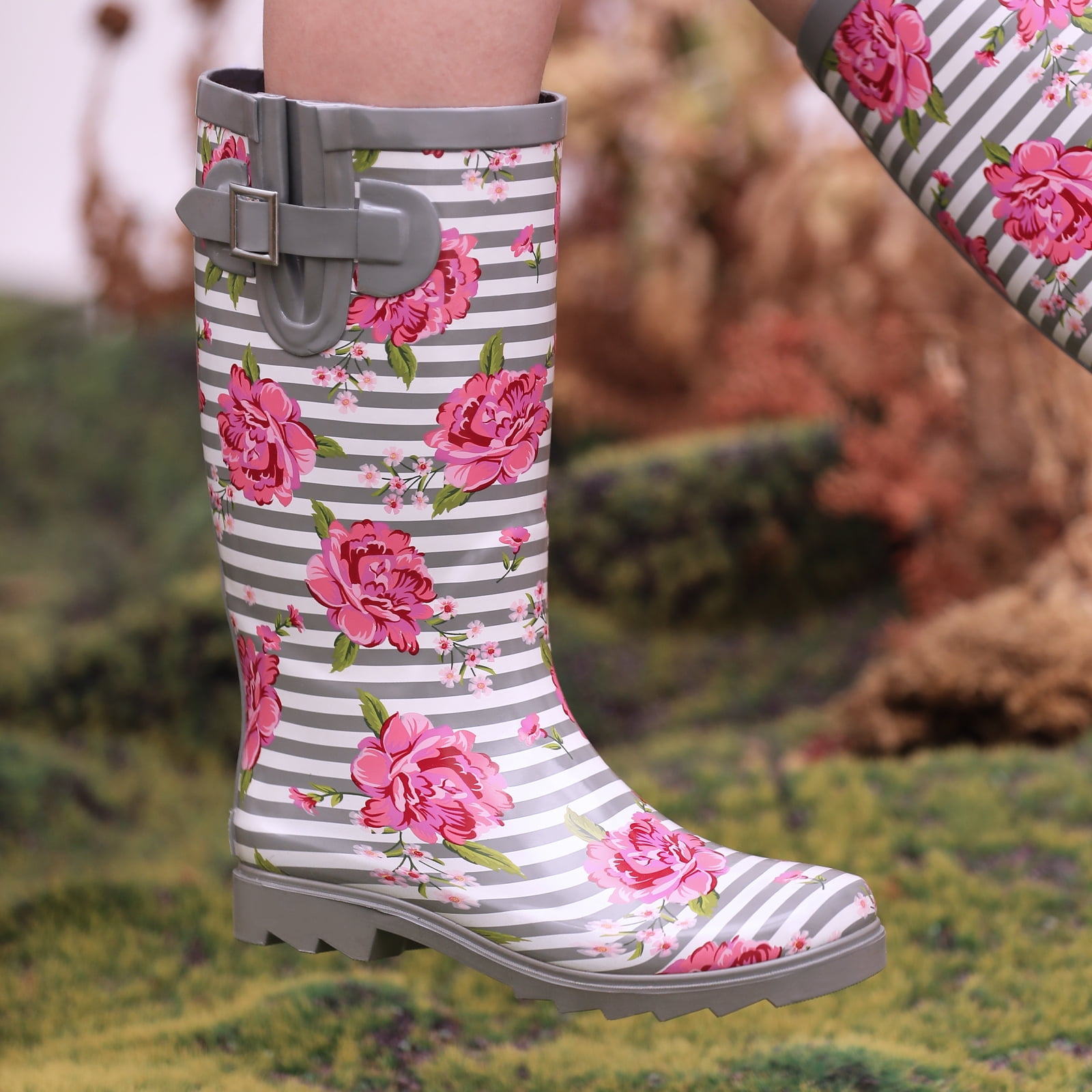 Landchief Women's Tall Waterproof Rubber Rain Boots for Garden, Size 7, Rose