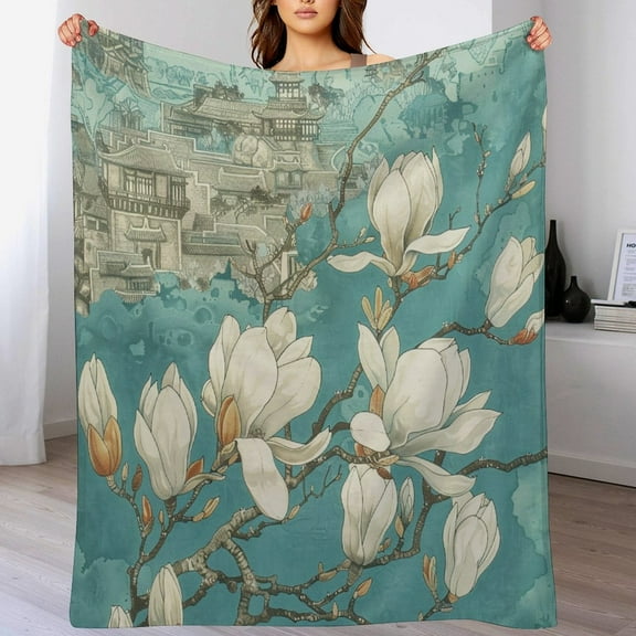 Vintage Blue Magnolia Floral Flannel Bed Blanket 50"x60" Farmhouse White Magnolia Flower Lightweight Throw Blanket for Winter Bedding Couch And Gift Throw Blanket for Women Men