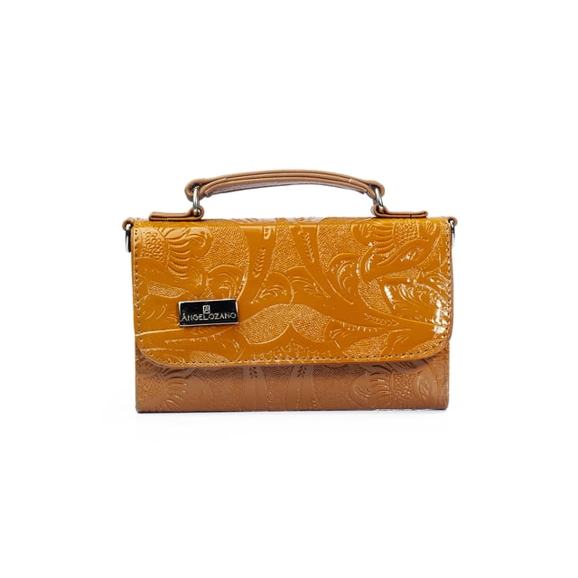 Bolso Crossbody A ÁNGELOZANO Lupita mostaza en Sintético Tipo Charol con Grabado Cincelado