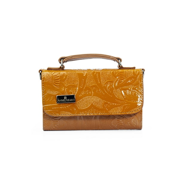Bolso Crossbody A ÁNGELOZANO Lupita mostaza en Sintético Tipo Charol con Grabado Cincelado