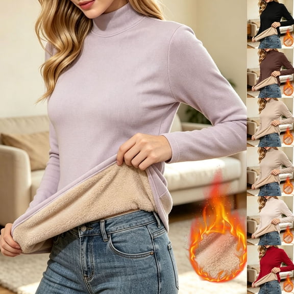 Tqcoqu Womens Solid Color Turtleneck Long Sleeve Ribbed Fleece Lined Thermal Base Layer Pullover Top,Women's,Size XS-L