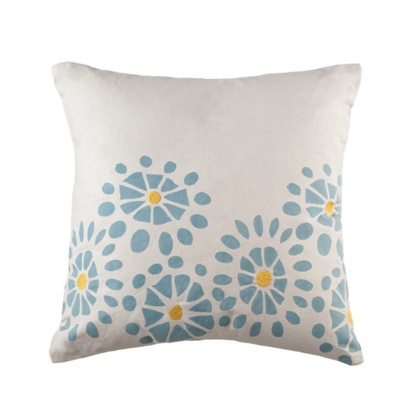 Pack of 2 White Cotton Throw Pillows with Blue and Yellow Floral Burst