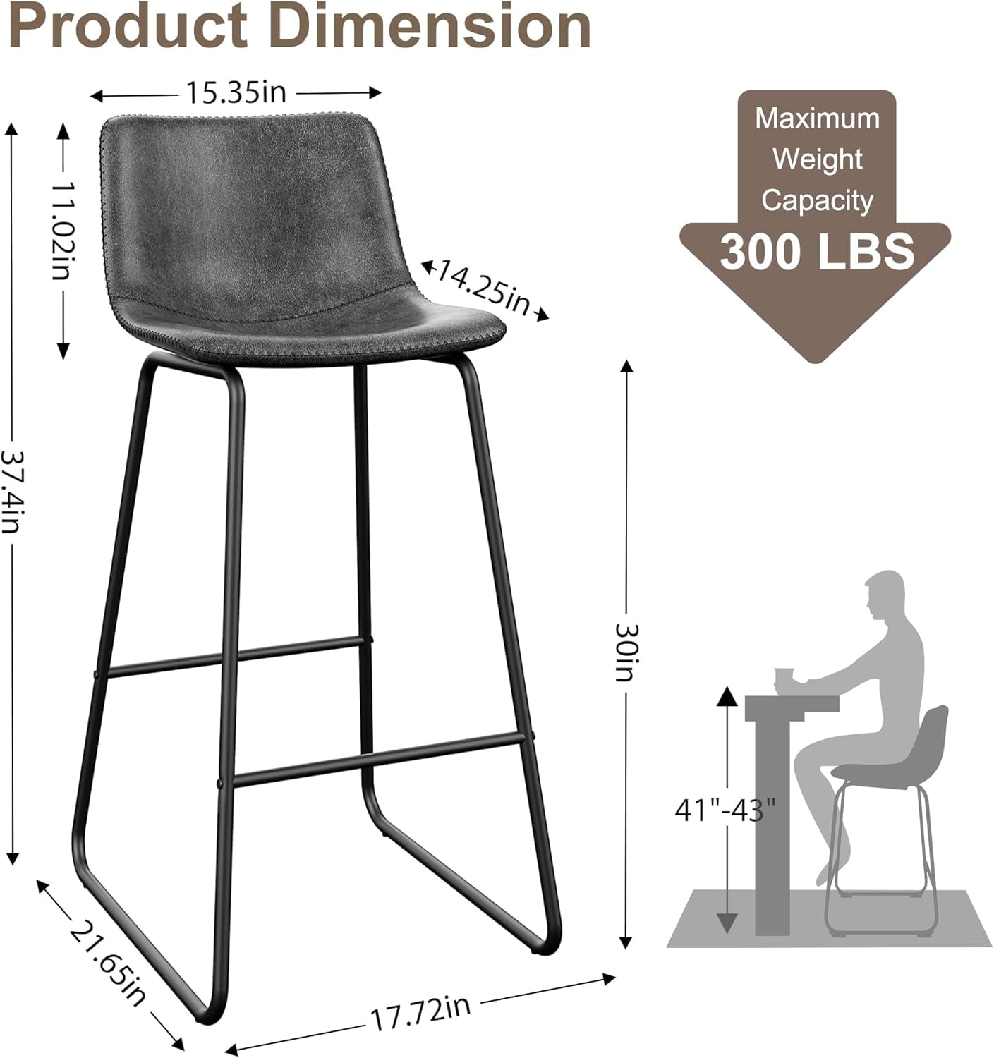 GIKPAL Bar Stools 30" Faux Leather Counter Height Barstools with Back Set of 6, Modern Counter Stools with Metal Legs and Footrest, Armless Chairs with Back for Kitchen Living Room Pub,Gray