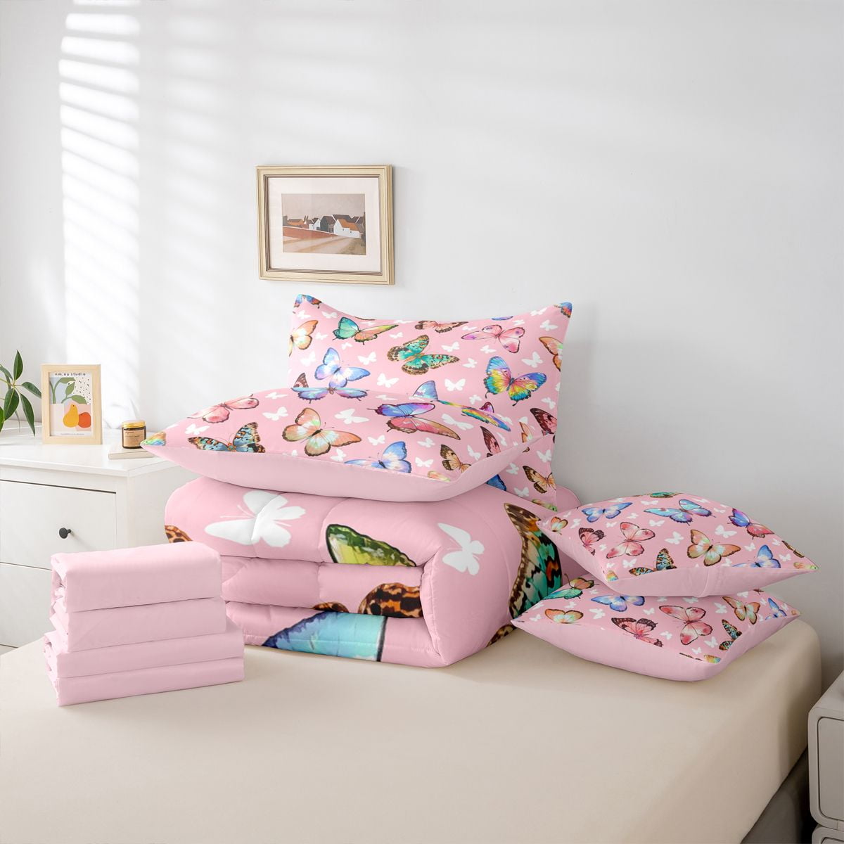 jejeloiu Flying Butterfly 7-Piece Twin Bedding Sets,Cute Multicolor Butterflies Bedding Comforter Set,Colorful Animals Sheet Sets For Girl,Ultra Soft Home Decor Reversible