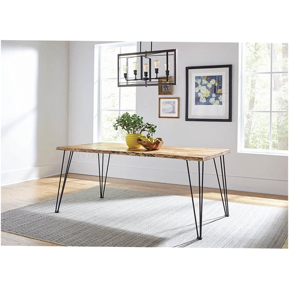 Modern Farmhouse Dining Table with Live Edge, Acacia Wood Top and Iron Base in Natural