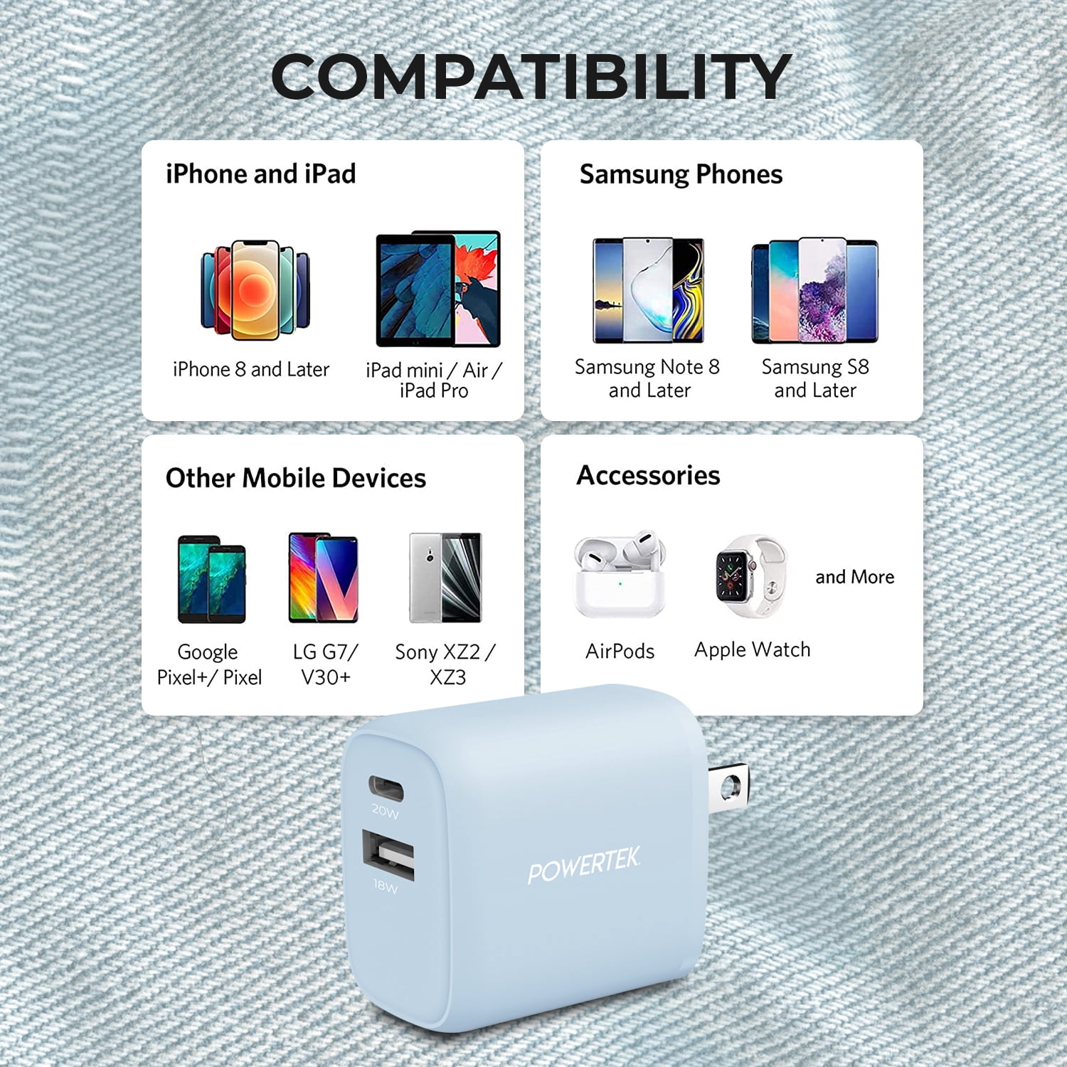 Denim Dual USB-A / USB-C Wall Charger - Light Blue