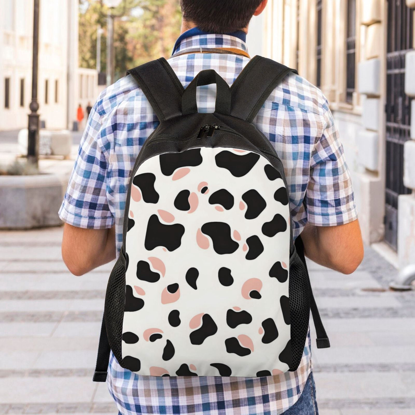 Single Side Full Backpack 16.1×11.8×4.5in Large Capacity Breathable Shoulder Belt Leisure Simple And Strong Bearing Capacity Simple Cow Print Pattern White Background, Pink And White_2
