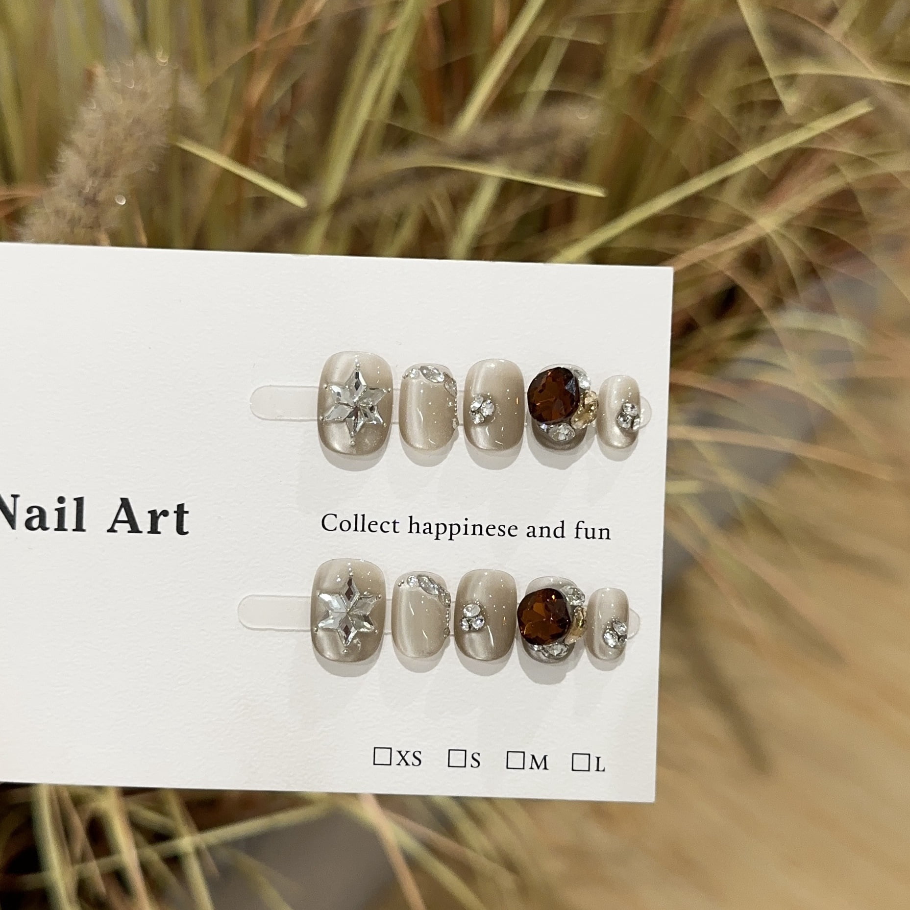 Purely handmade wearing nail, high-end milk coffee color cat eye short nail art piece, white hexagram spell diamond fake nail patch