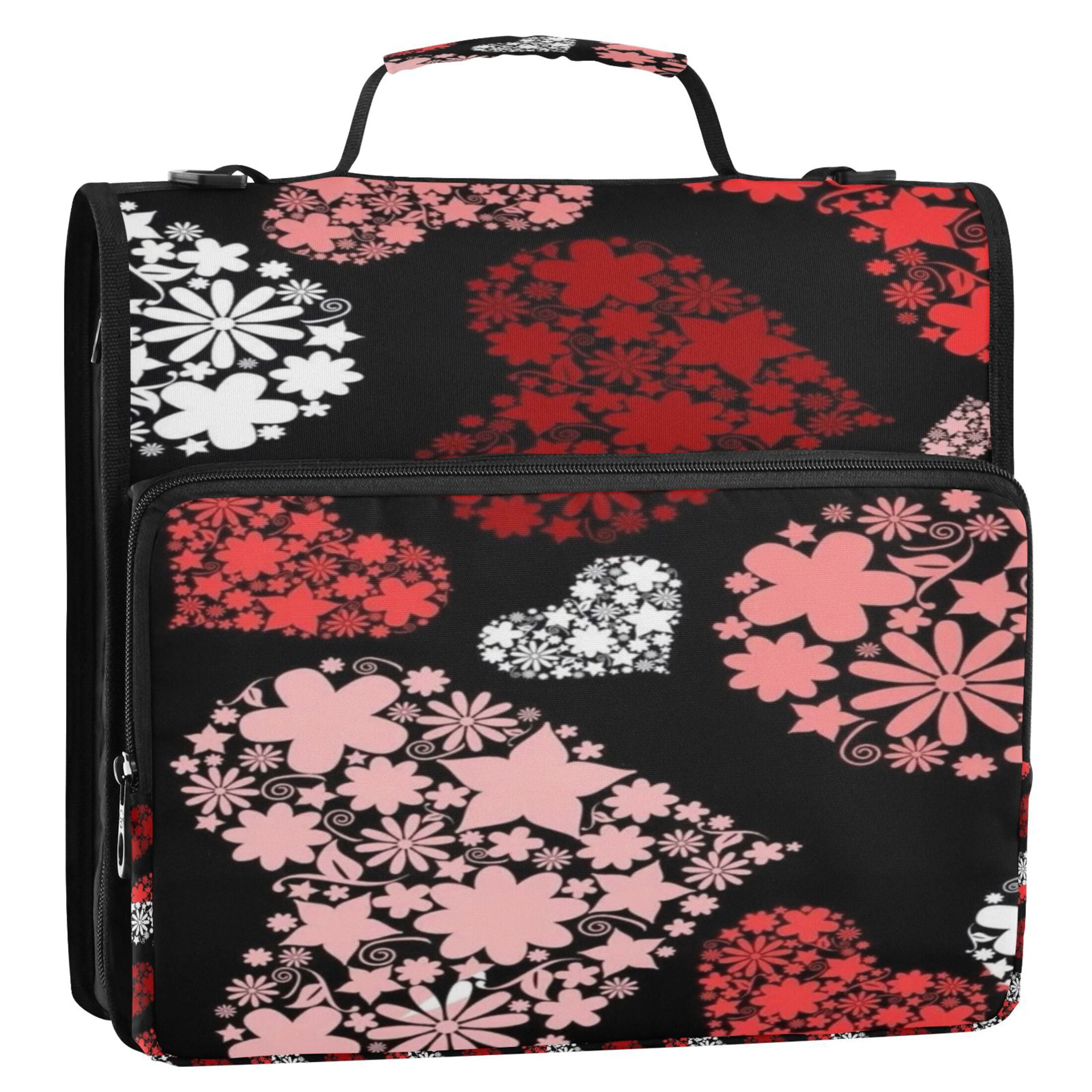 DIXRUYEE Zipper Binder trapper keeper Documents Organized Floral Hearts on Black Printed