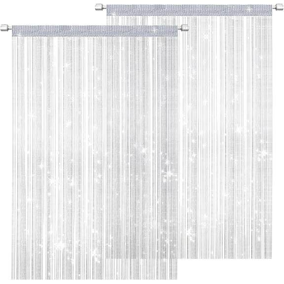 DALAETUS 2 Pcs Glitter String Curtain Panel Set, 100 X 200 CM Decorative Door Curtain, Tassel Ribbon Strip Silver Screen, Room Divider For Living Room, Bedroom, Party (White)