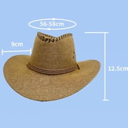 QSAWXQZ Men's Vintage Straw Cowboy Hat Wide Brim Sun Protection with Chin Strap Breathable Beach Ranch Cap M