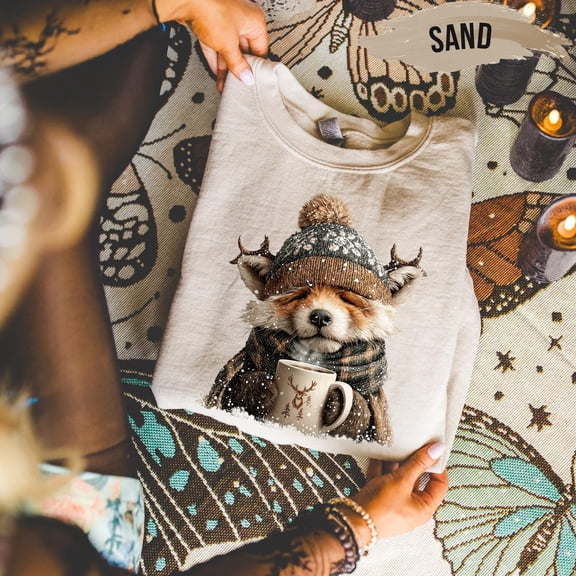 Cozy Winter Fox Sweatshirt – Cute Animal Coffee Mug Sweater – Pullover Tshirt All Size S-5XL