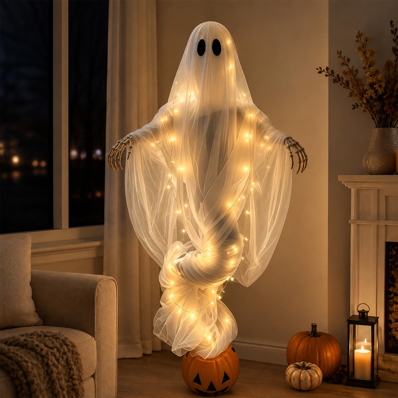 Swirling Ghost Pumpkin Yard Lamp, Halloween Yard Sculpture LED Glowing Floating Ghost Pumpkin Light, Halloween Outdoor Lawn Front Entrance Decor