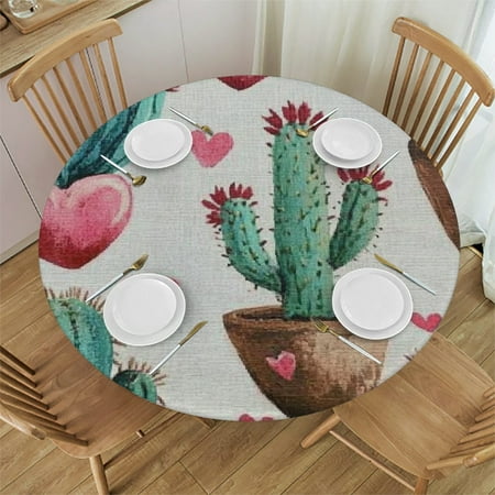 

Patifu Cactus Hearts Round Tablecloth Stain-Resistant Washable Indoor Outdoor Restaurant Wedding Party Picnic Dining Kitchen Farmhouse Elastic Edge Home Decor 54 -58