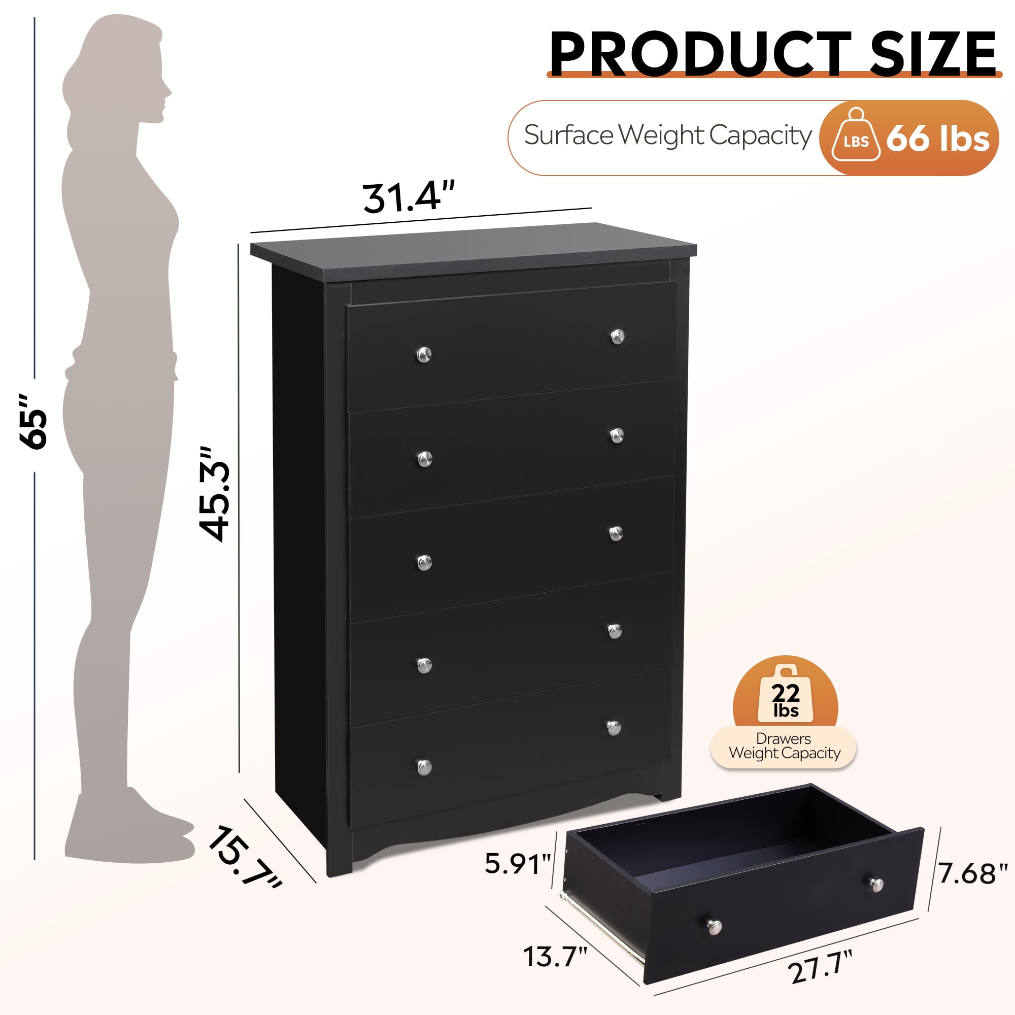GALAXHERO 5 Drawer Dresser for Bedroom, Retro Wood Chest of Drawers, Tall Dresser with Round Metal Handle for Living Room, Hallway, Closet, Black