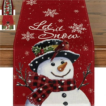 

Snowman Christmas Birds Trees Table Runner Seasonal Winter Xmas Holiday Kitchen Dining Table Decoration for Indoor Outdoor Home Party Decor B