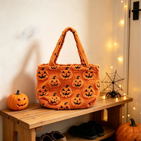 Cute Fuzzy Pumpkin Halloween Tote Bag,Frayed Jack-O-Lantern Knitted Storage Basket Bag for Holiday Treat Display Home Party Decor