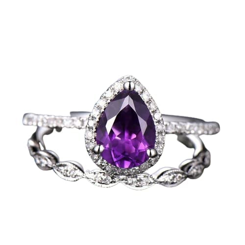 HeartsAndYou 2ct Natural Amethyst Bridal Set Stylish Engagement Ring 14k SOLID White Gold