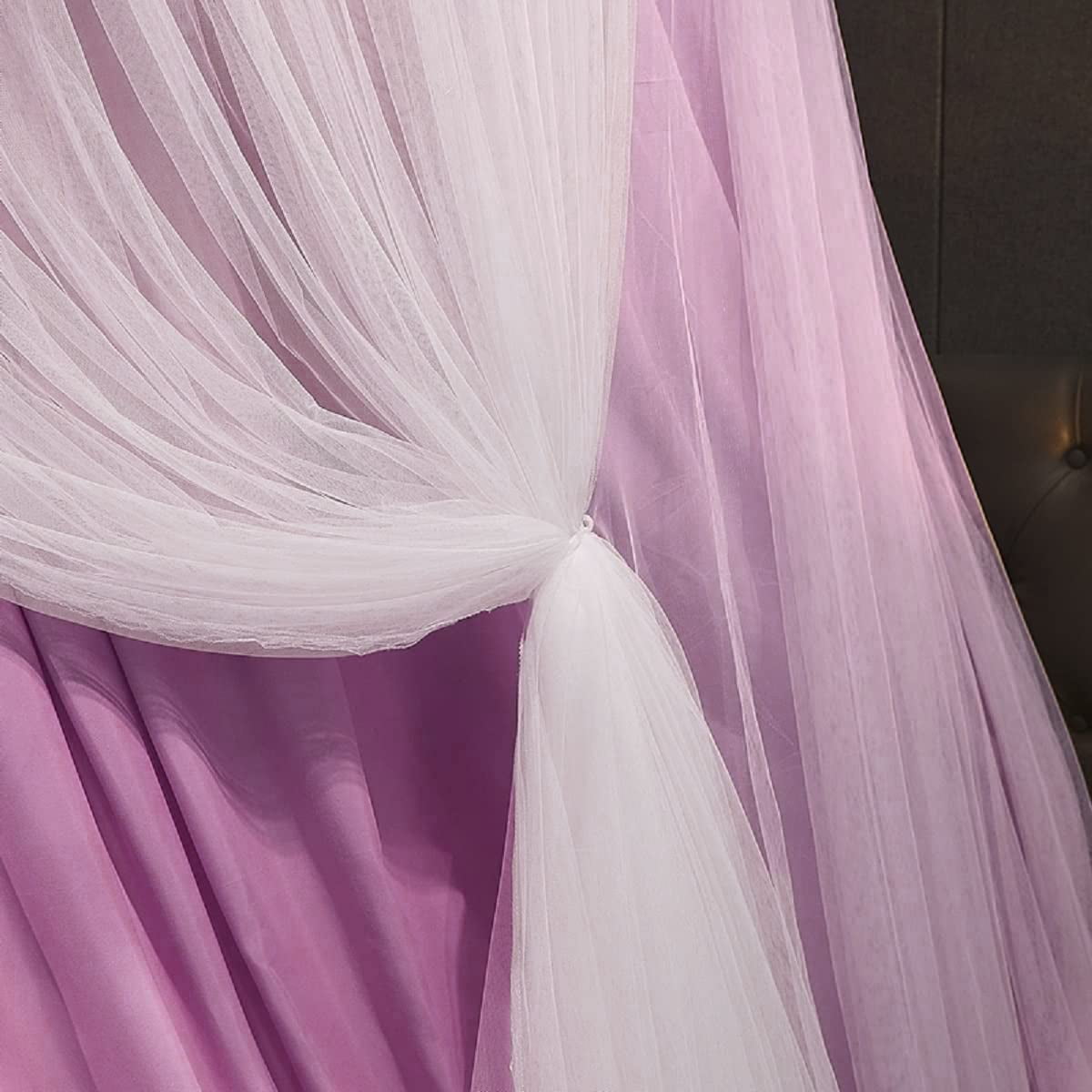 Luxurious Bed Canopy for Girls & Adults - Double Layer Princess Canopy with Lace, Round Dome Mosquito Netting for Queen/King Bed Tent (Purple)