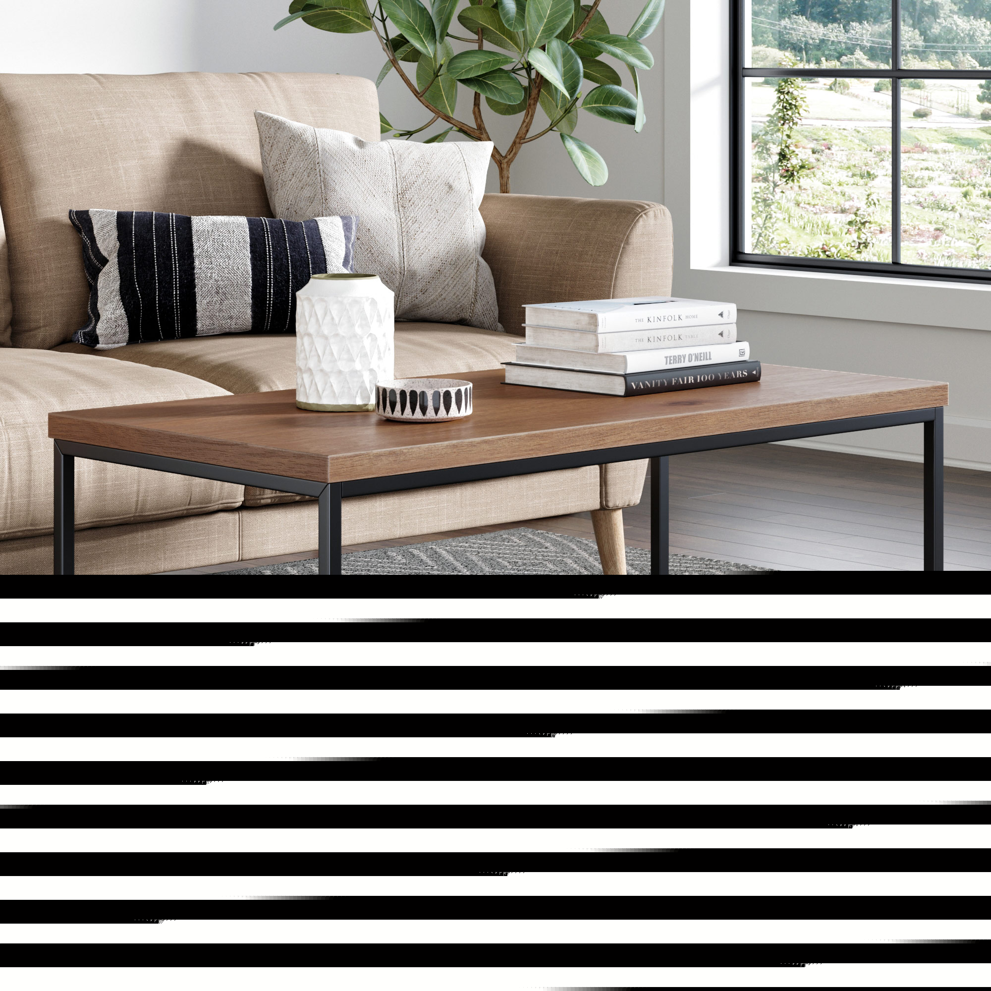 Decorative Coffee Table Boxes Doxa Solid Wood Modern Industrial Coffee Table, Black Metal Box Frame With Dark Walnut Finish ()