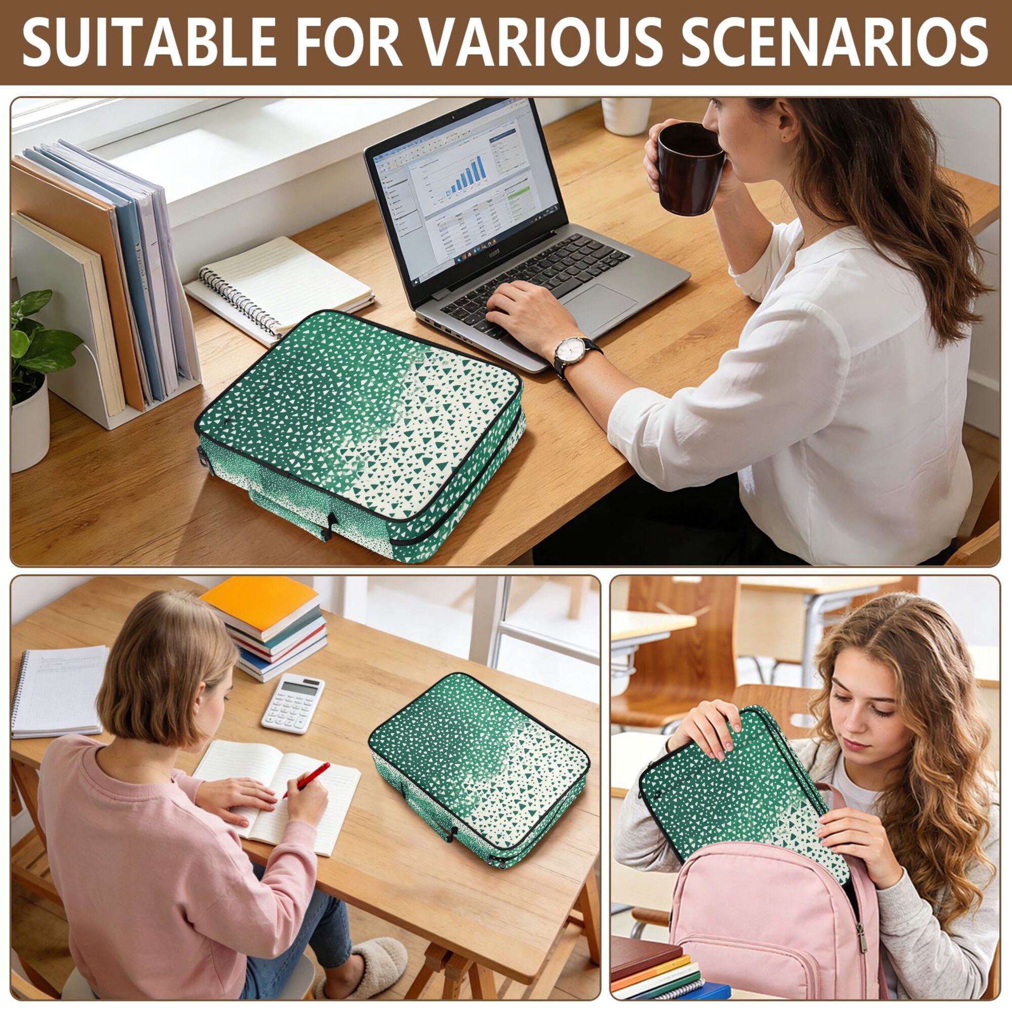 FORMRS Accordion File Folder A4 Size 7-Pocket Expanding Document Organizer Bag with 3 Ring Binder, Green and White Pattern