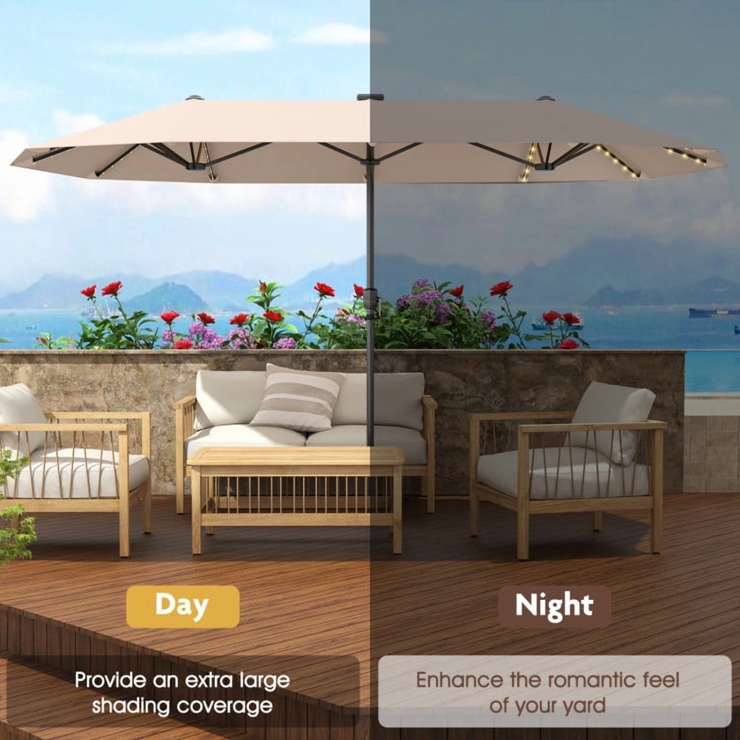 GVN Outdoor Patio Umbrella,Patio Umbrella,13 FT Large Patio Umbrella with LED Solar Lights and Crank Handle-Beige