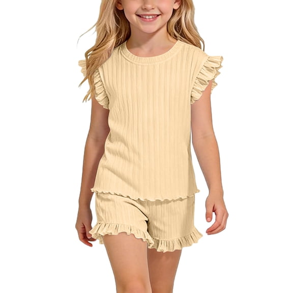 ITSAME Girls Summer Outfit 2-Piece Ruffle T-Shirt and Shorts Summer Casual Clothes Set Beige Size 9-10