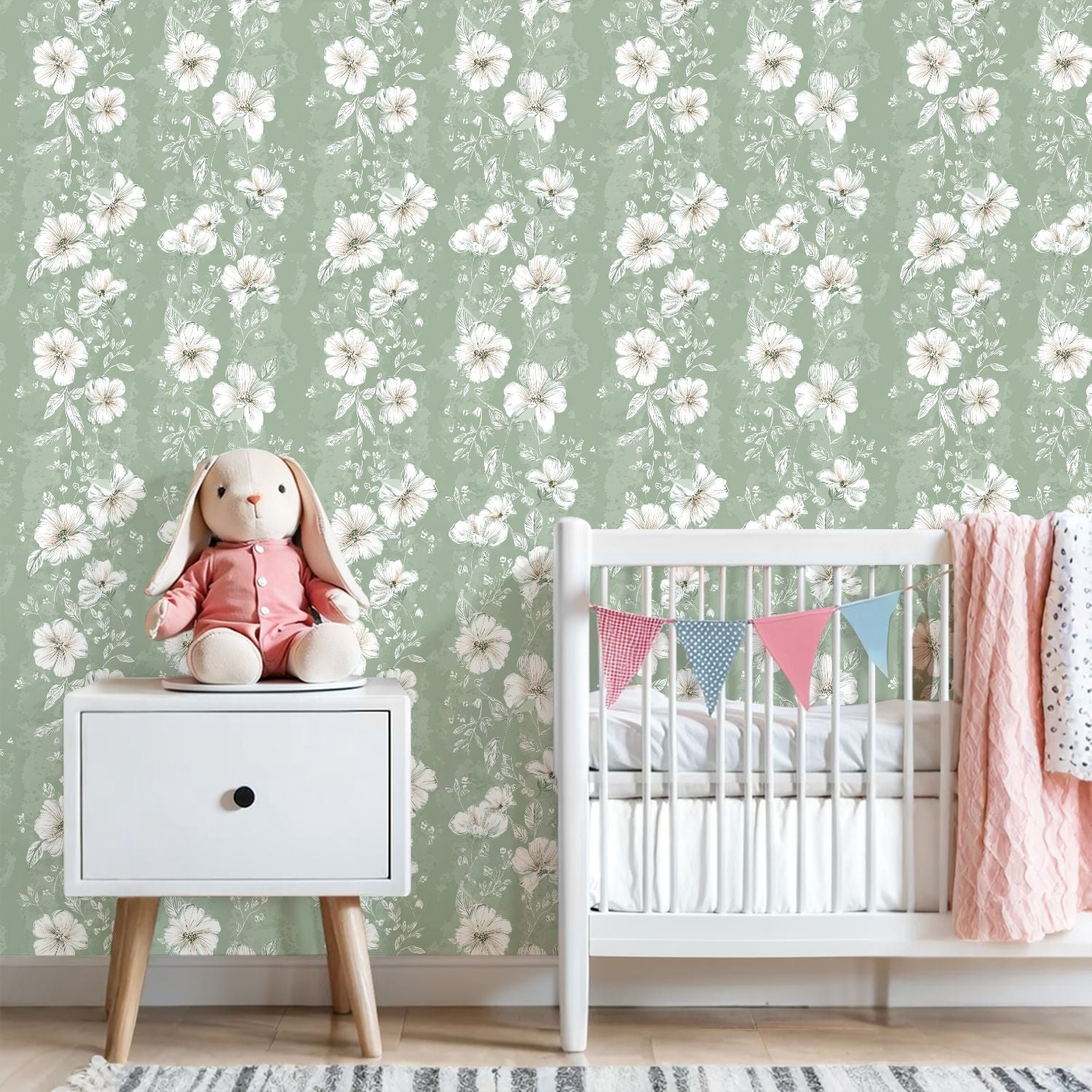 Sage Green Peel and Stick Wallpaper Floral Soft White Flowers Green Wall Mural 23.6in x 9.8ft Self Adhesive Removable Wall Paper Renter Friendly Wallpaper for Girls Bedroom