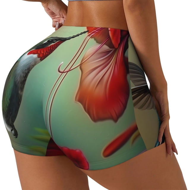 Balery Hummingbird Floral Paradise Pantalones cortos de entrenamiento estampados para mujer, sin costuras, ajustados, para gimnasio, yoga, correr, deportes, ejercicio activo, fitness.-Large