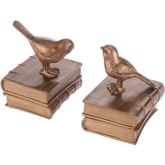 MyGift Brass-Colored Birds & Bronze Books Resin Bookends, 1 Pair