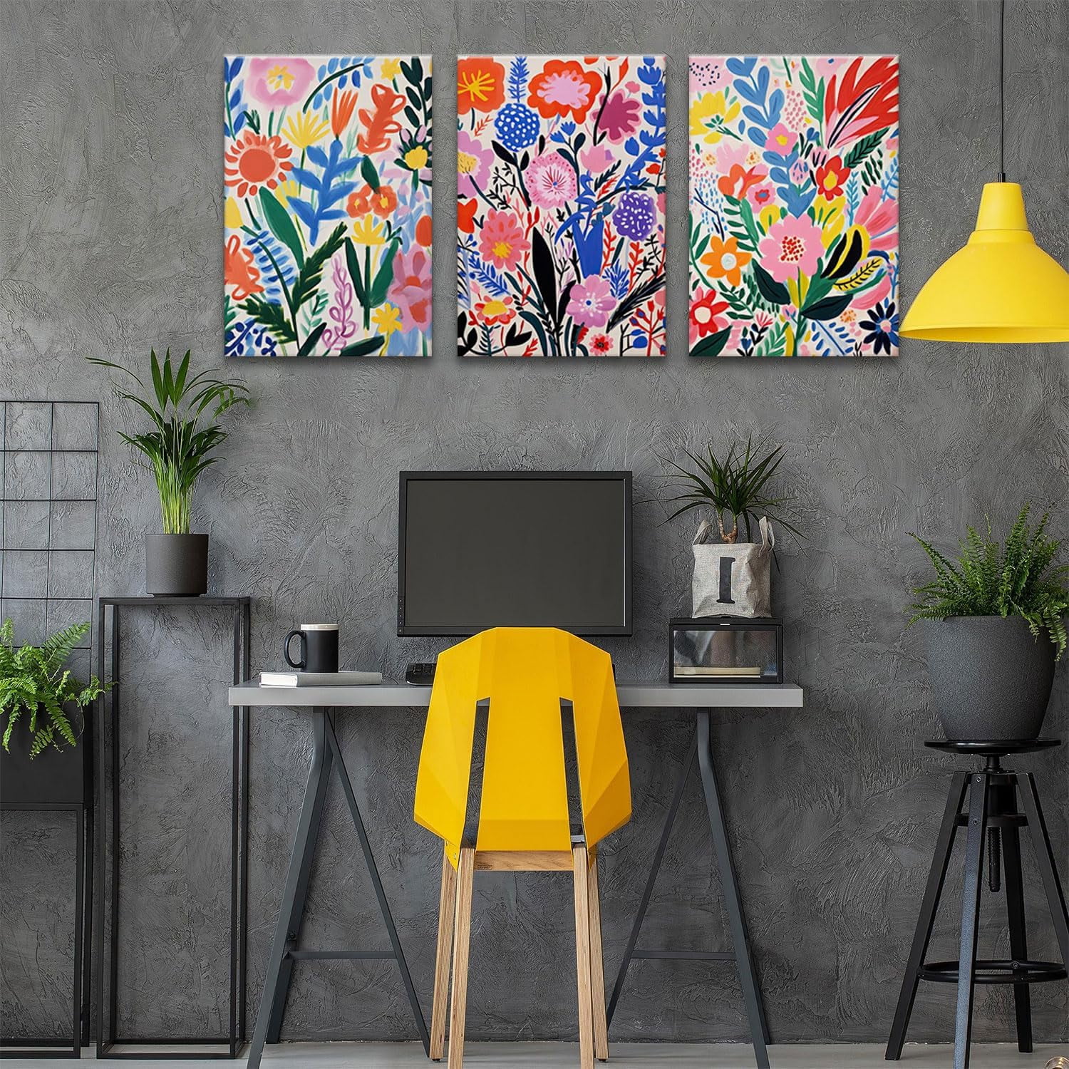 Henri Matisse Wall Art Colorful Floral Painting Canvas Prints Set of 3 Flower Market Poster Pictures Watercolor Wall Decor for Nursery Living Room Bedroom Bathroom 12"x16" Framed