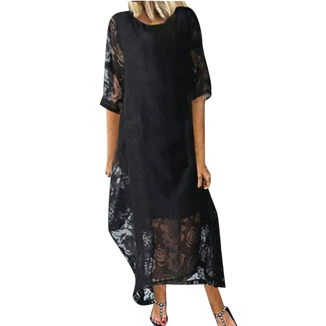 RKSTN Robe d'Été pour Femme Décontractée Unie à Manches Mi-Longues avec Empiècements en Maille, Robe Midi Fluide