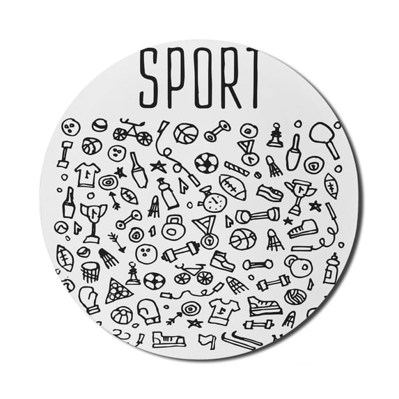 Fitness Mouse Pad for Computers, Hand Drawn Sport and Fitness Elements Gymnastics Cartoon Style, Round Non-Slip Thick Rubber Modern Gaming Mousepad, 8" Round, Black and White, by Ambesonne