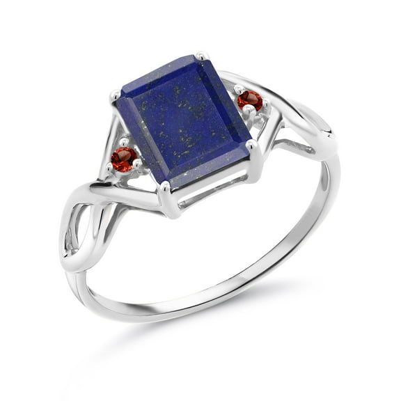 Gem Stone King 2.10 Ct Emerald Cut Blue Lapis Red Garnet 925 Sterling Silver Ring (Size 8)
