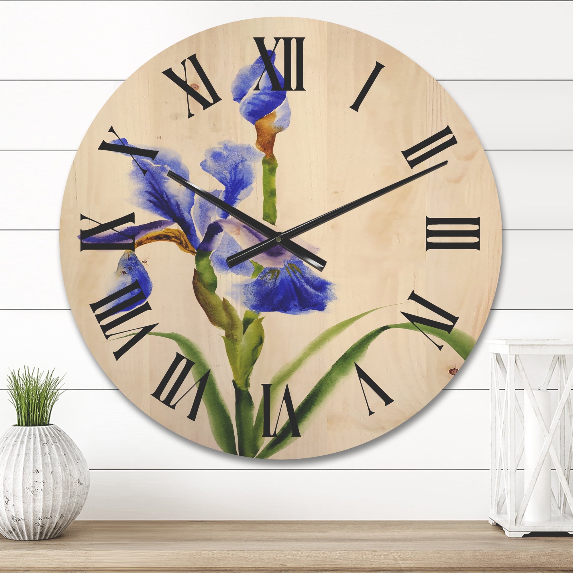 Designart 'Blue Iris Flower Retro Style' Traditional Wood Wall Clock
